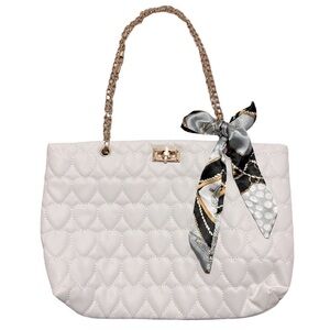 White heart Quilted Handbag with Scarf Accent
